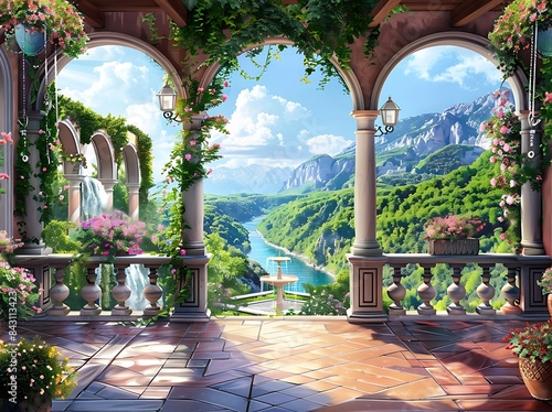 beautiful terrace with arches overlooking beautiful valley, river and flowers, fountain in the middle of the scene, hyper realistic photo