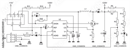 Schematic diagram of electronic device on sheet of paper.  Vector drawing electrical circuit with usb connector,
resistor, integrated circuit, capacitor, led,
diode, coil, other components.