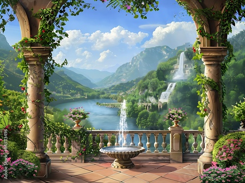 beautiful terrace with arches overlooking beautiful valley, river and flowers, fountain in the middle of the scene, hyper realistic