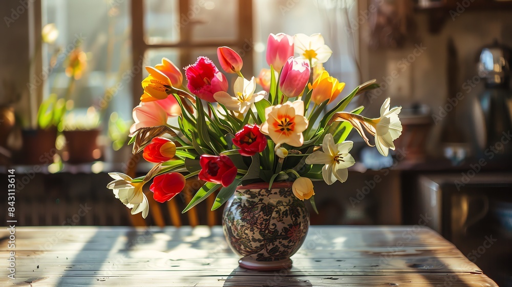A beautiful bouquet of spring flowers in a vase on a wooden table. The flowers include tulips, daffodils, and roses in various colors. A beautiful bouquet of spring flowers in a vase on a wooden table. The flowers include tulips, daffodils, and roses in various colors.