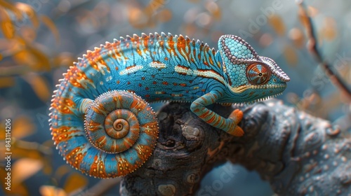 A blue and orange chameleon sitting on a branch  great for wildlife or nature photography