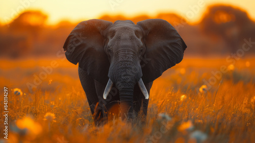 An elephant in the wild durinf sunset, surrounded by orange tones, Generative AI