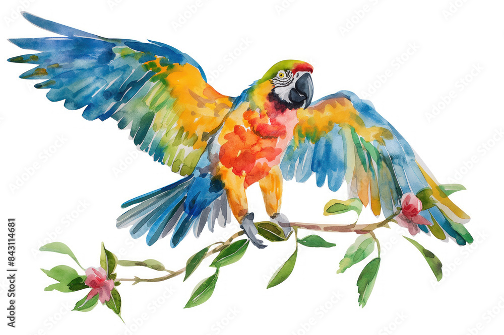 Fototapeta premium Arara Bird. Striking watercolor rendition. Displayed against a pure white backdrop. Artistic representation of colorful avian diversity. Harmonious fusion of abstract expression and lifelike detail.