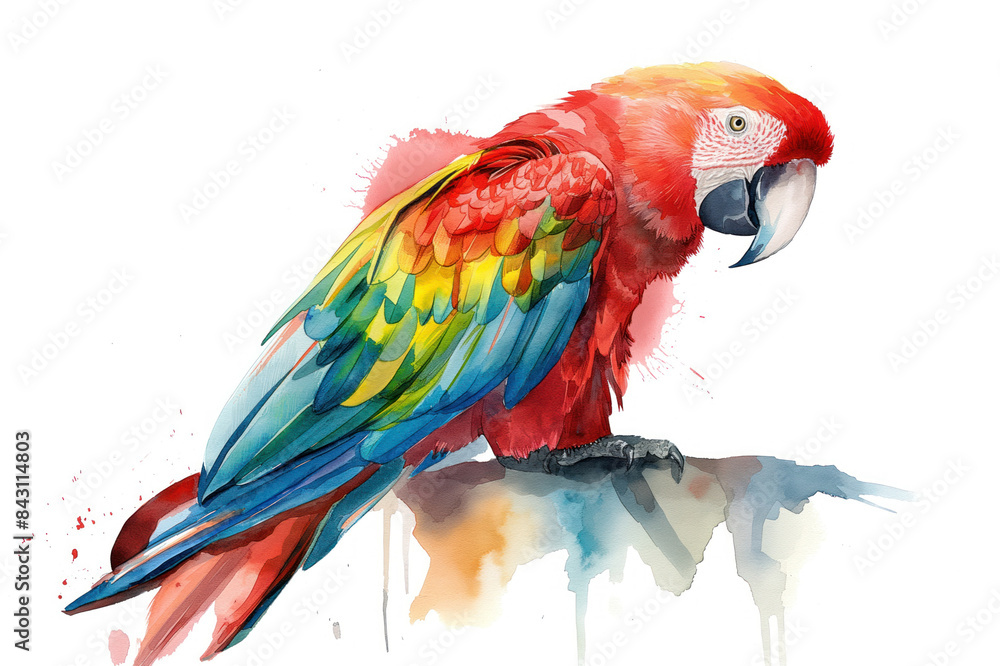 Fototapeta premium Arara Macaw Bird. Dynamic watercolor rendition. Presented on a clean white canvas. Artistic exploration of vibrant avian allure. Harmonious blend of abstract and naturalistic forms