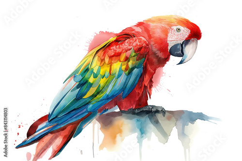 Arara Macaw Bird. Dynamic watercolor rendition. Presented on a clean white canvas. Artistic exploration of vibrant avian allure. Harmonious blend of abstract and naturalistic forms © ana