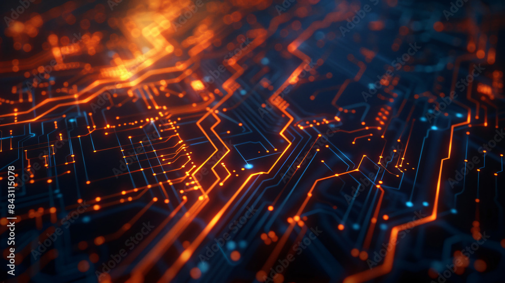 Close-up of a lit electronic circuit board with illuminated traces Close-up of a lit electronic circuit board with illuminated traces