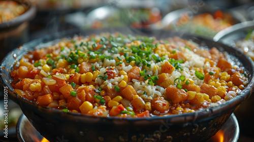 A steaming hot dish with corn, potatoes, green onions and other vegetables, Generative AI