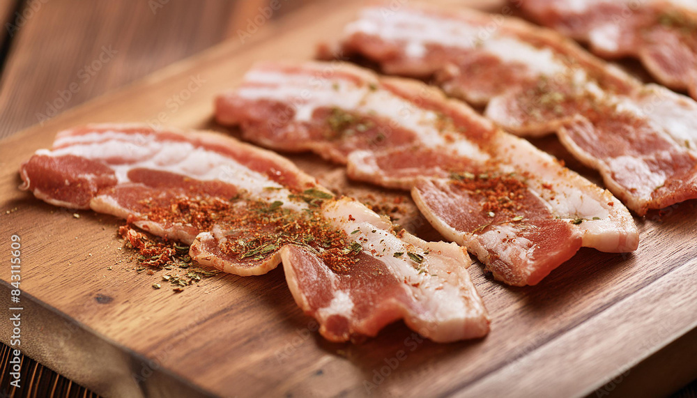 Gourmet raw bacon slices with seasonings on wooden board. Natural and tasty product. Fresh meat. Gourmet raw bacon slices with seasonings on wooden board. Natural and tasty product. Fresh meat.