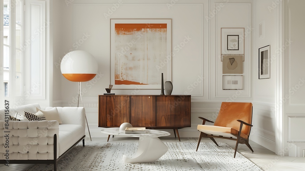 The sleek interior room is adorned with white tiles and a stylish frame on the back wall. A colorful sofa with vibrant cushions adds a pop of color, complemented by a bright ceiling and a potted plant The sleek interior room is adorned with white tiles and a stylish frame on the back wall. A colorful sofa with vibrant cushions adds a pop of color, complemented by a bright ceiling and a potted plant
