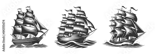 Old sailboat. Royal clipper ship with flag and wind blown sails. Pirate ship sailboats in ocean storm waves, sailing ship for marine logo, emblem and labels. Vector set