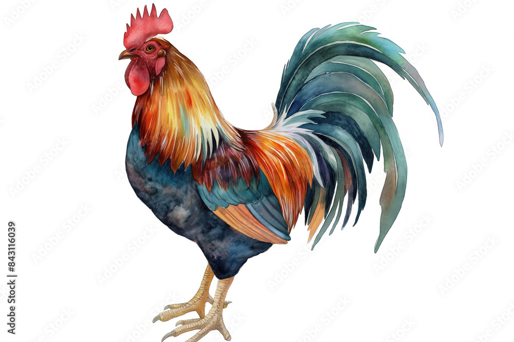 Fototapeta premium Rooster. Hand-painted watercolor illustration style. Isolated on a white backdrop. Conceptual wildlife animal artwork. Abstract brush strokes combined with realism. Perfect for print or digital design