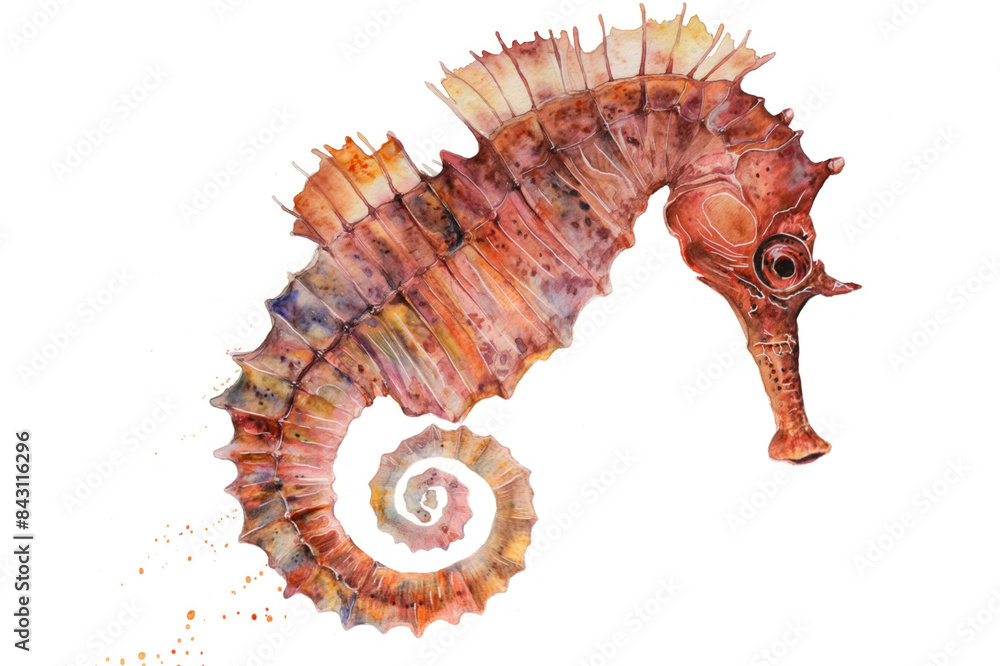 Obraz premium Seahorse watercolor illustration style, beautifully isolated on a pristine white background. An imaginative and conceptual wildlife animal artwork. Merging abstract brush strokes with hints of realism