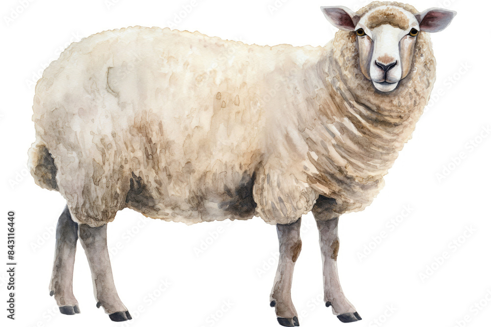 Fototapeta premium Watercolor white sheep illustration in a unique style, standing out against a white background. This farm animal art piece combines abstract brush strokes with touches of realism