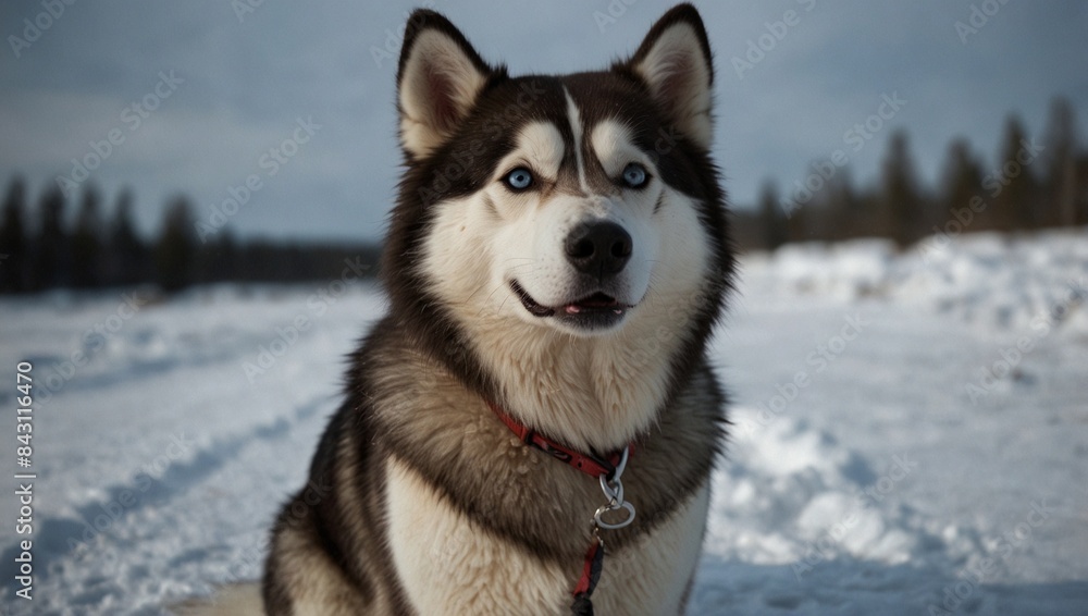 A husky dog sits on the snow while sled tracks appear on the snow A husky dog sits on the snow while sled tracks appear on the snow