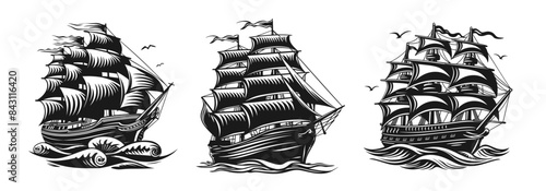Vintage sailboat. Clipper ship black and white sketch. Pirate ship sailboats in sea waves, sailing ship in retro hand drawn engraving style. Vector set