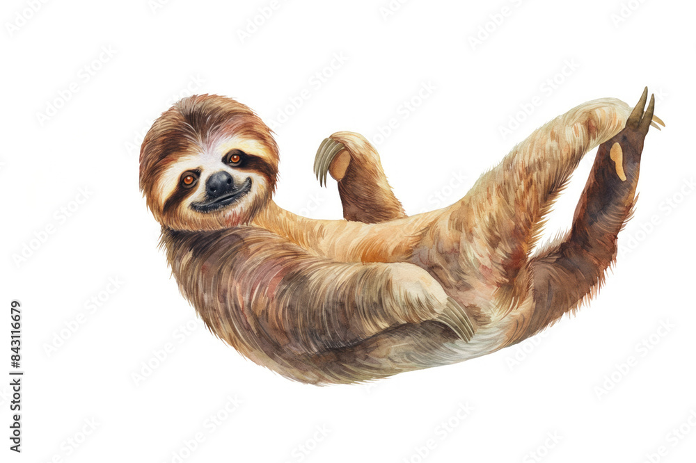 Obraz premium A vibrant watercolor illustration of a sloth, isolated against a clean white background. This creative and conceptual wildlife art blends abstract brush strokes with realistic details, ideal for print