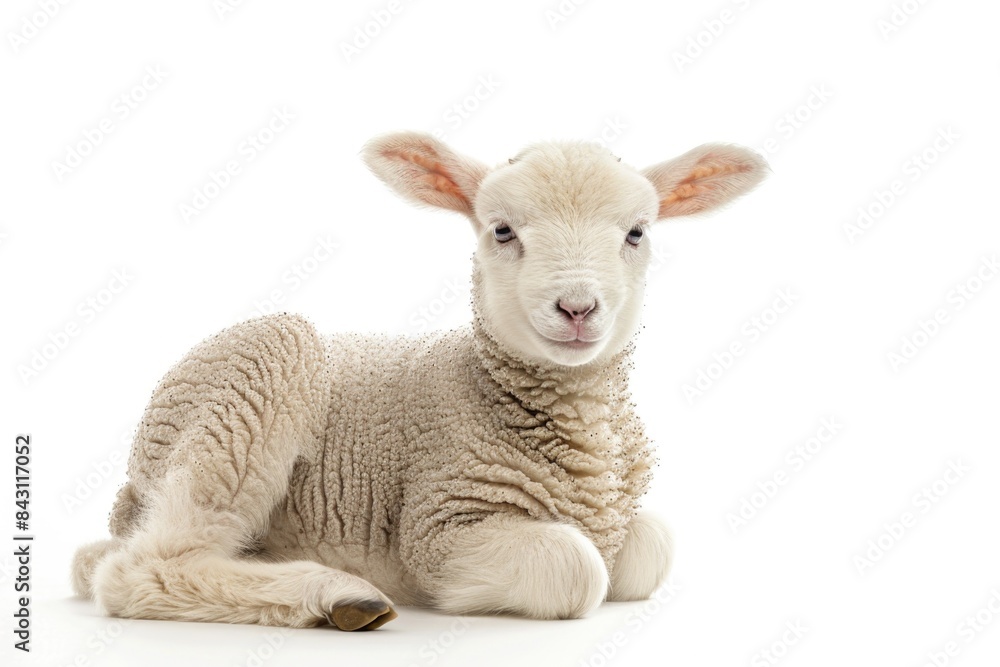 Fototapeta premium A young sheep resting on a white surface