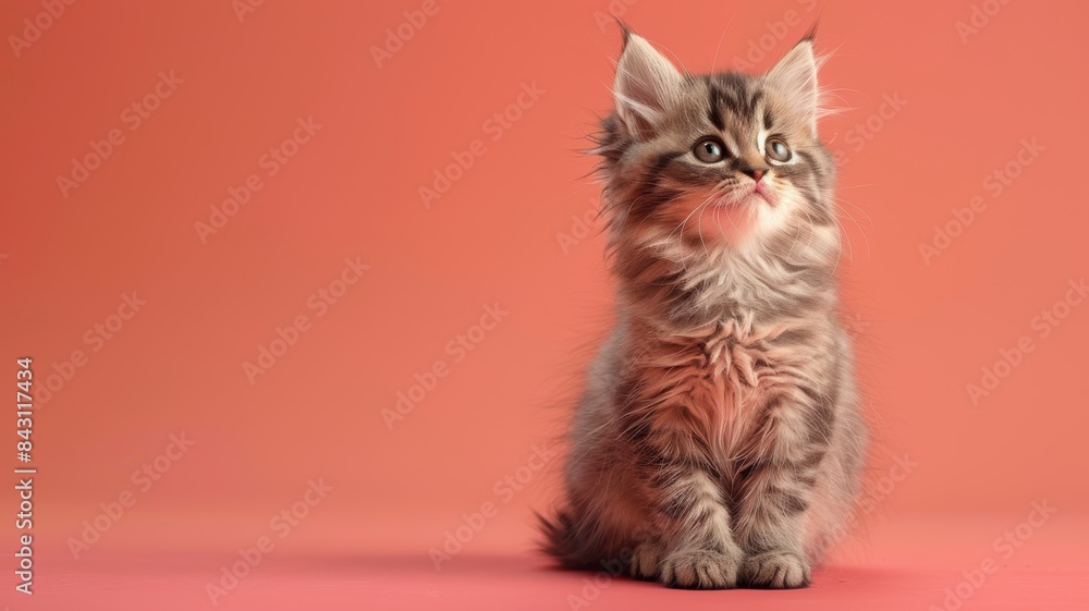 Fototapeta premium Adorable fluffy kitten sitting against a soft coral background. Perfect image for pet-related content and promotional material.