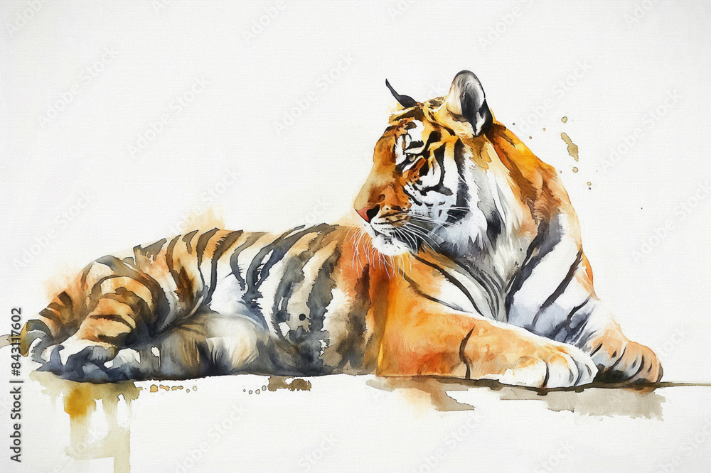 Obraz premium Illustration of a tiger in watercolor style, isolated on a white background. This creative wildlife art piece uses abstract brush strokes with realistic elements. Ideal for enhancing any print or digi