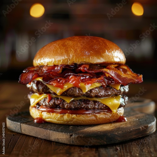 Close-up of a delicious bacon cheeseburger with melted cheese and juicy patties, served on a wooden board in a dimly lit restaurant.