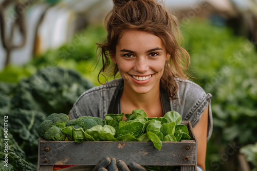 A farmer with a crate on the farm after harvest. Farming