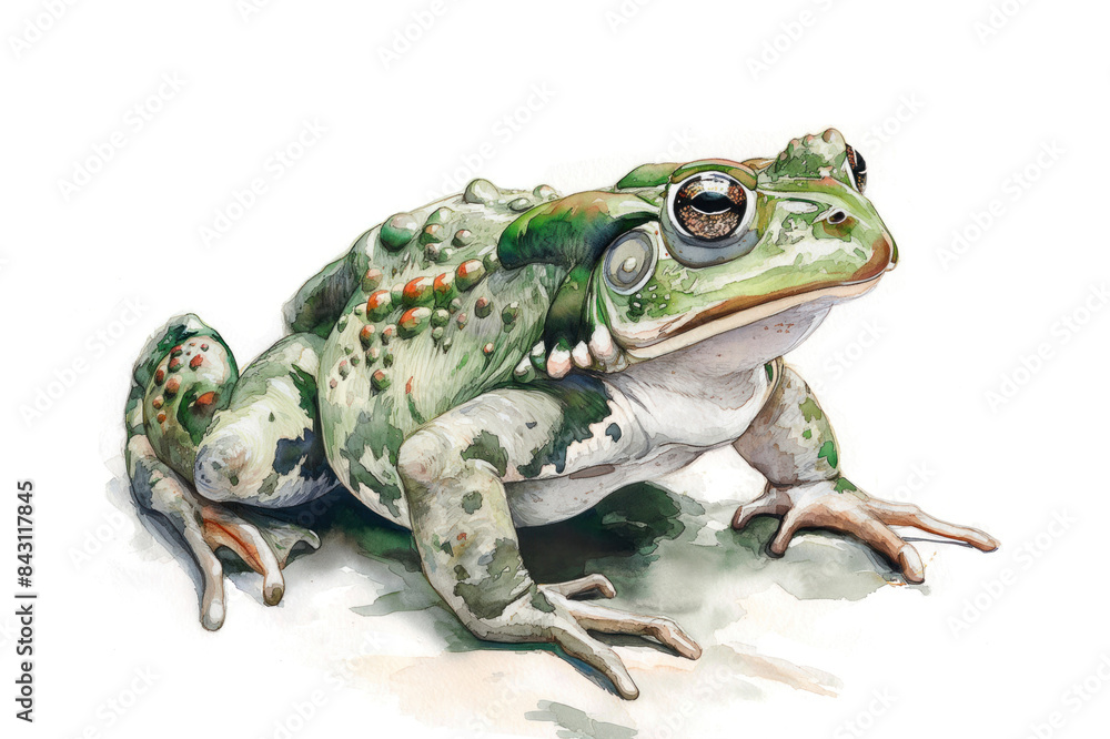 Fototapeta premium A vibrant watercolor illustration of a toad, isolated against a clean white background. This creative and conceptual wildlife art blends abstract brush strokes with realistic details, ideal for print