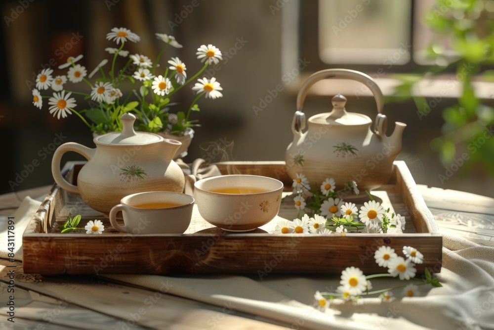 A tray with a tea pot and two cups of tea ready for serving A tray with a tea pot and two cups of tea ready for serving