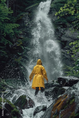 A person wearing a yellow raincoat stands near a waterfall