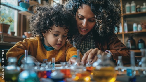 Mother and child engaged in a creative science experiment at home with colorful chemicals and equipment on the table.