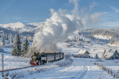 Snow Train. Mocanita - The Steam Train from Bucovina Offering Winter Tours in Romanian Mountains © Serhii