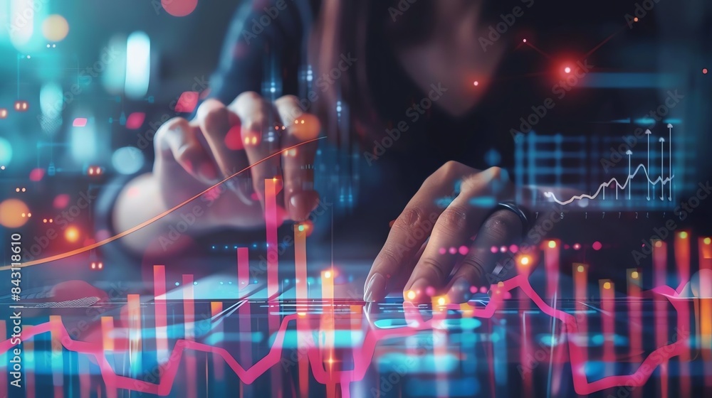 Fototapeta premium Businesswoman's hands interpreting financial graph, financial advisor concept