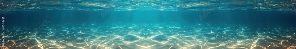 Underwater view of a sunlit ocean floor, with golden rays of sunlight creating intricate patterns on the sandy seabed. Banner, panorama Underwater view of a sunlit ocean floor, with golden rays of sunlight creating intricate patterns on the sandy seabed. Banner, panorama