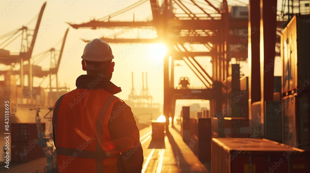 Dockworker inspecting cargo container, busy port, cranes in the background Dockworker inspecting cargo container, busy port, cranes in the background