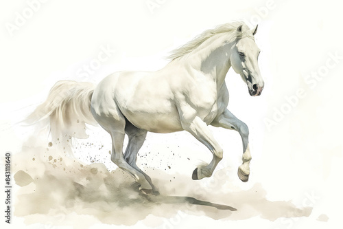 White horse depicted in a wildlife watercolor illustration style, isolated on a white background. Creative and conceptual animal art with abstract brush strokes and a hint of realism. Perfect for both © ana