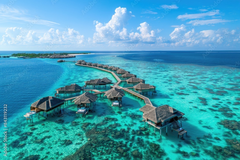 Fototapeta premium Aerial shot of a resort surrounded by water, perfect for travel or hospitality use