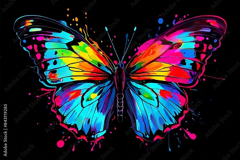 Illustration of butterfly in neon colors on a black backdrop in the pop art style, with splatters of watercolor pain Illustration of butterfly in neon colors on a black backdrop in the pop art style, with splatters of watercolor pain