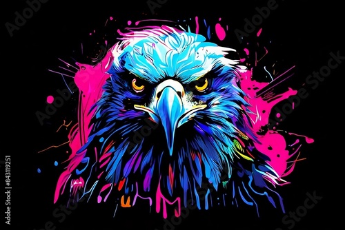 Illustration of eagle in neon colors on a black backdrop in the pop art style, with splatters of watercolor pain