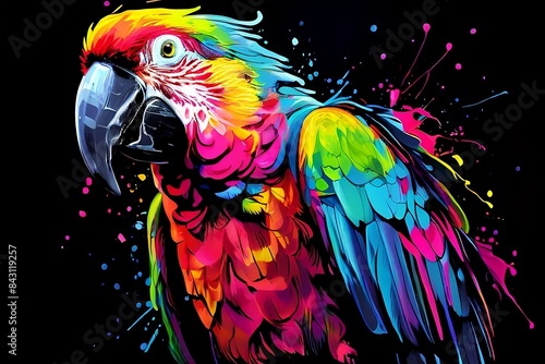 Illustration of parrot in neon colors on a black backdrop in the pop art style, with splatters of watercolor pain