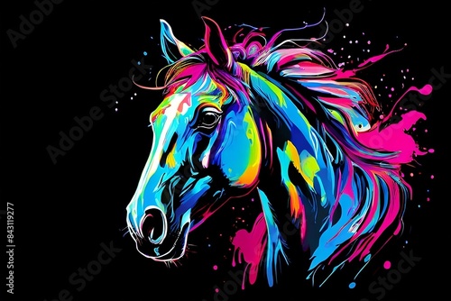 Illustration of  horse in neon colors on a black backdrop in the pop art style, with splatters of watercolor pain