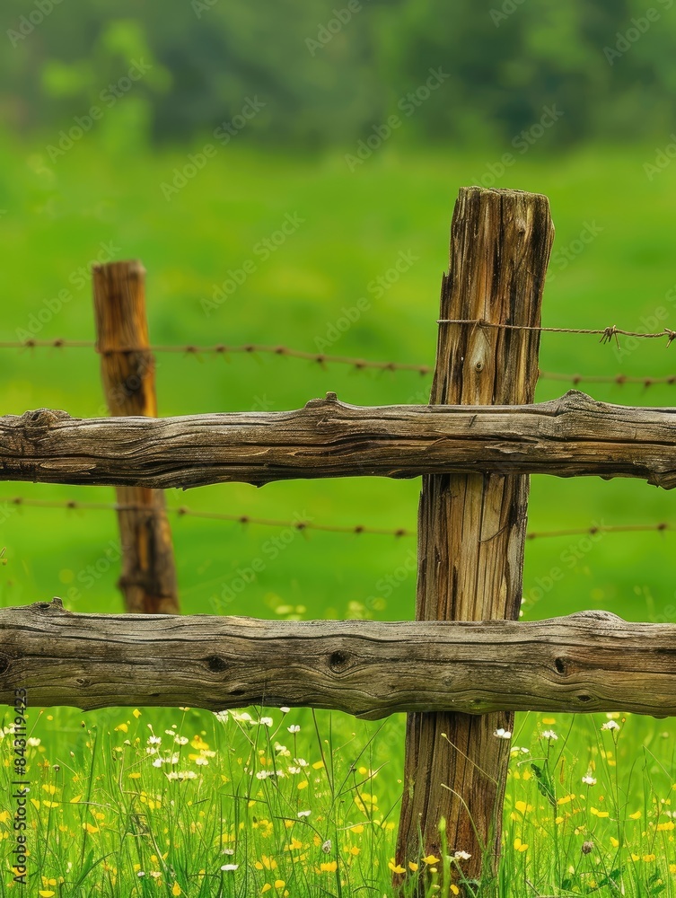 Rustic Wooden Fence with Green Field and Wildflowers Rustic Wooden Fence with Green Field and Wildflowers