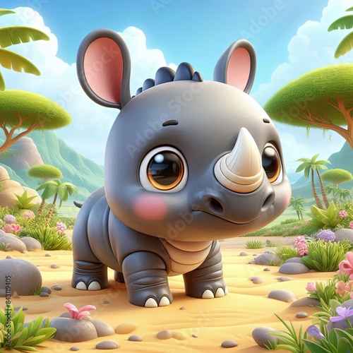 cute baby rhino cartoon ,3d, Generative aI photo