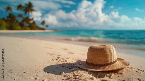 A hat sitting alone on a sandy beach  perfect for summer vacations or beach-themed projects