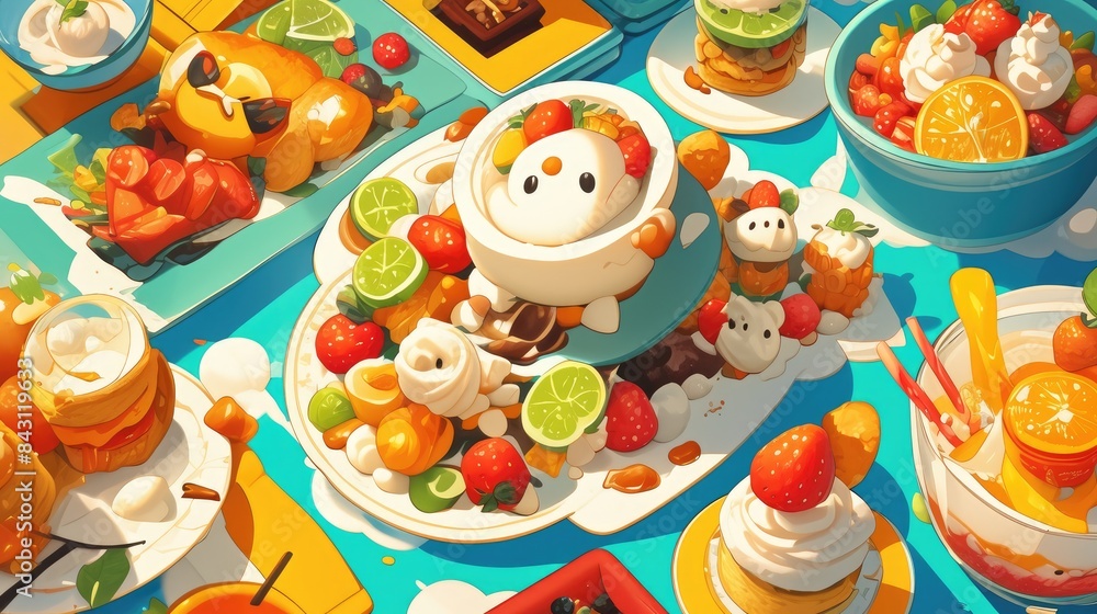 Fototapeta premium Indulge in the mouthwatering delights of scrumptious food straight out of a whimsical cartoon world