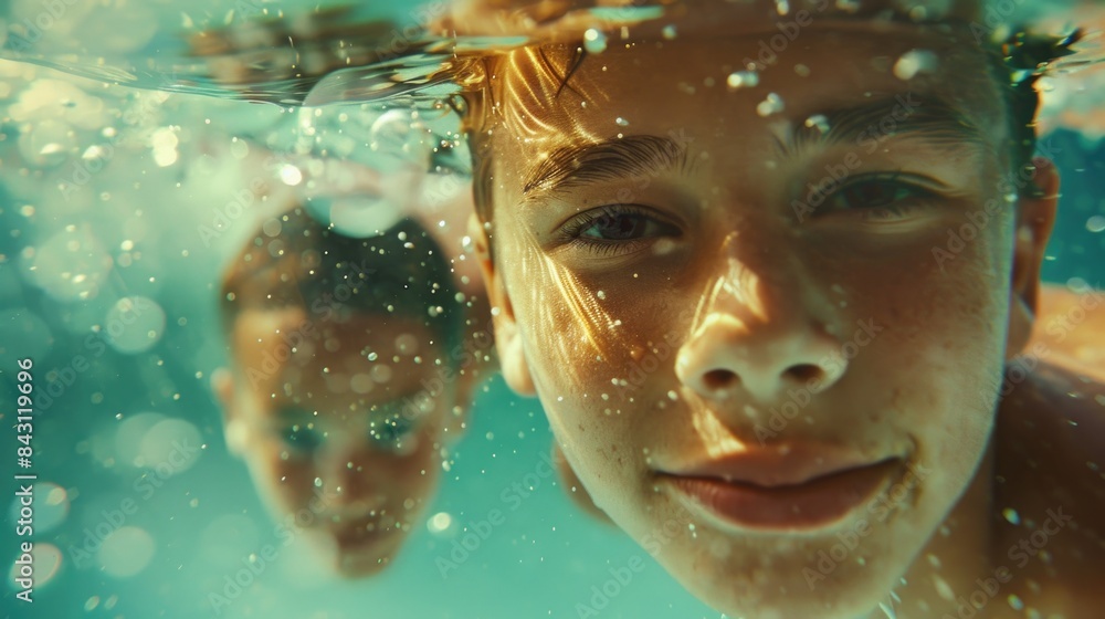 A person swimming beneath the surface of the water A person swimming beneath the surface of the water