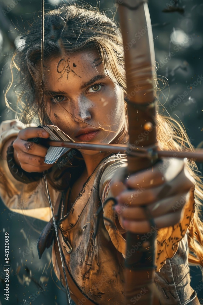 A young woman holds a bow and arrow, ready for action A young woman holds a bow and arrow, ready for action
