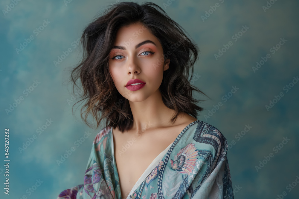 sultry middle eastern woman with tousled shoulder length hair and striking blue eyes