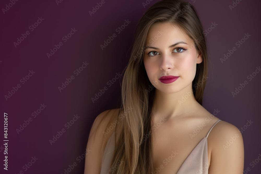 caucasian woman with long straight hair in soft pink dress caucasian woman with long straight hair in soft pink dress