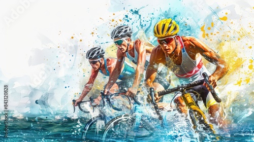A photo of two people riding bicycles into the water, perhaps for exercise or recreation