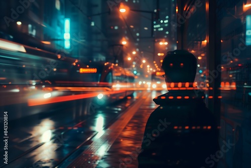 Reflective Man in Vibrant Cityscape at Night