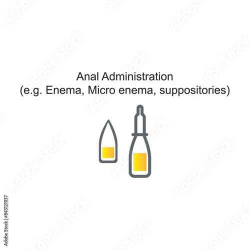 Diagram showing Anal Administration - Enema, Micro enema, suppositories - drug delivery route scientific illustration.